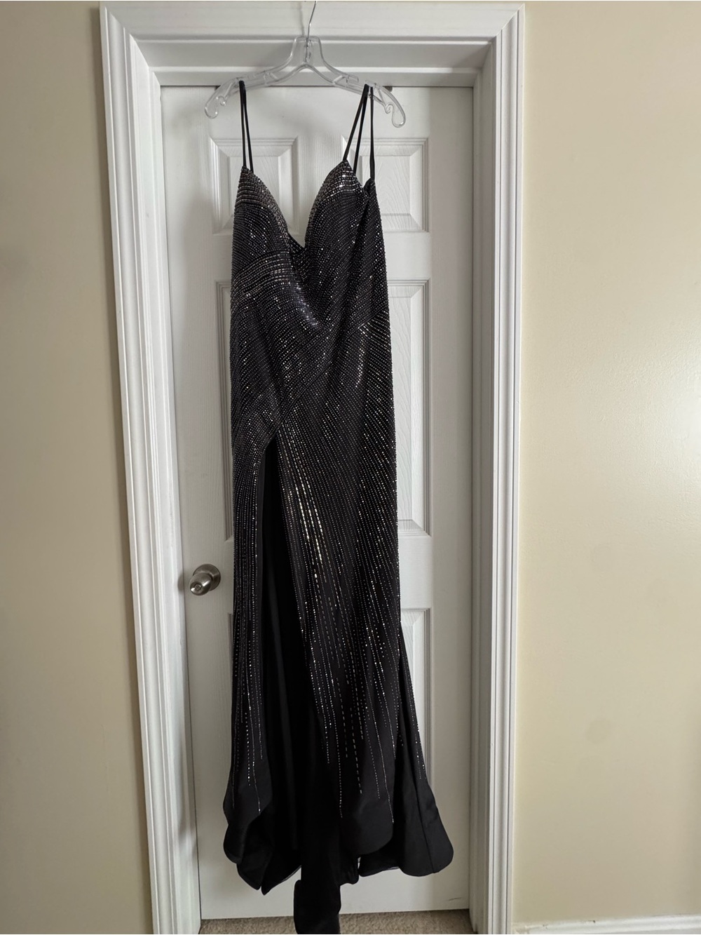 Sherri Hill Black Beaded Spaghetti Strap Prom Gown